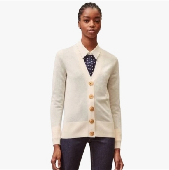Tory Burch Merino Wool Logo Button Cardigan Ivory Cream Color Size Small - Picture 2 of 7